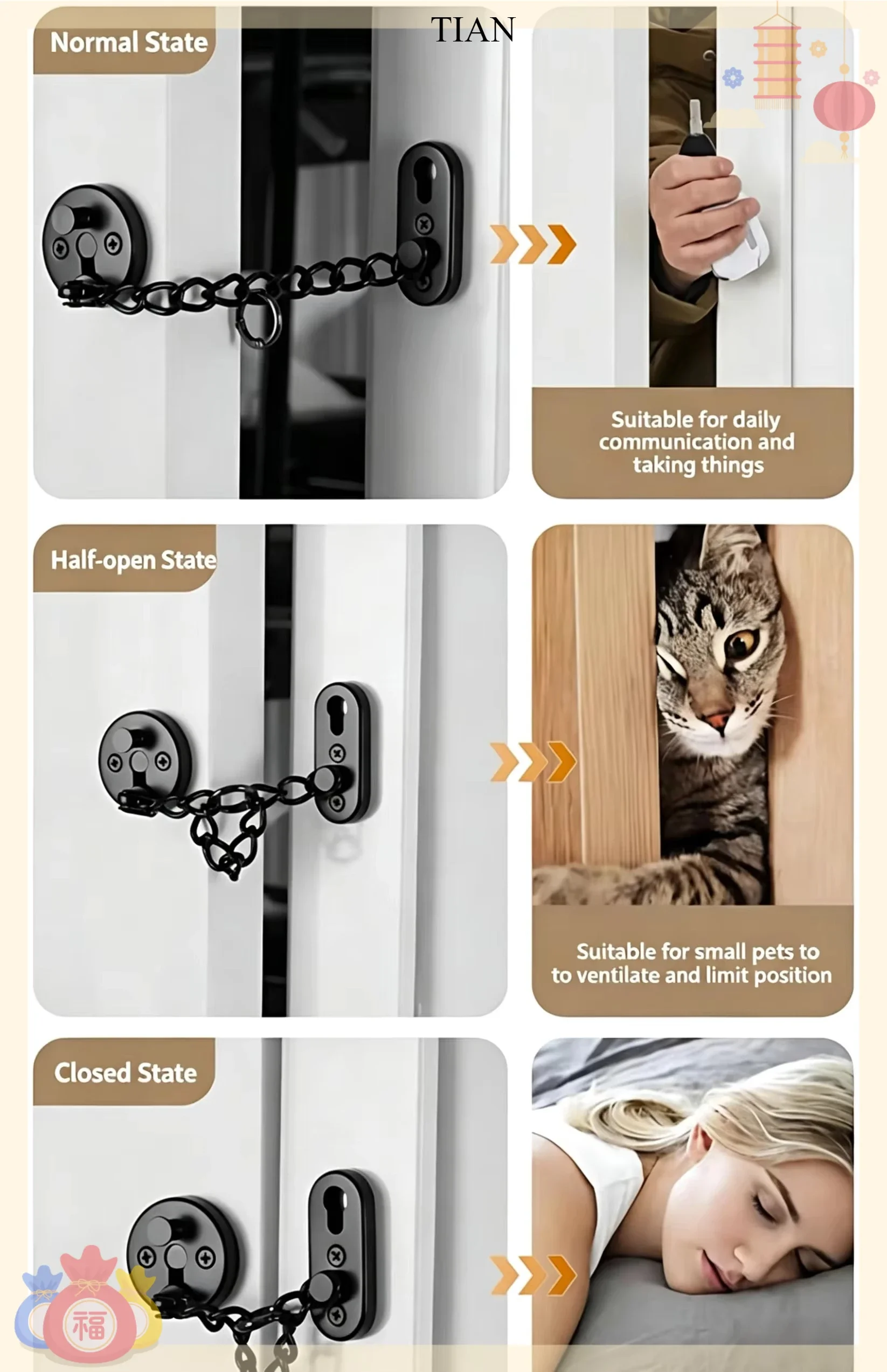TIAN 체인형 문 잠금장치, 스프링 장착, 도난 방지 - Security Chain Door 리뷰 및 가격